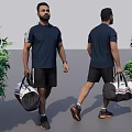Man Walking Outdoor In Navy Blue T Shirt Black Shorts With Sports Bag