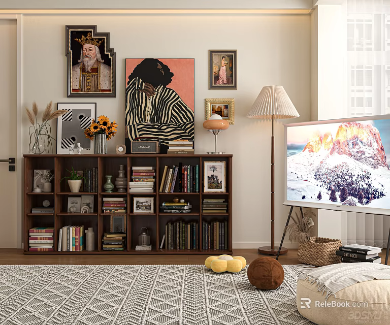 Stylish Wooden Bookcase with Books Decorations Wall Art and Plants Near TV and Floor Lamp 3d model 