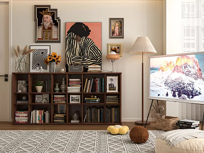 Stylish Wooden Bookcase with Books Decorations Wall Art and Plants Near TV and Floor Lamp 3d model