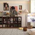 Modern Bookcase Middle Ancient Solid Wood Floor Bookcase Decorative Hanging Painting Ornaments Combination Floor TV Floor Lamp 3d model