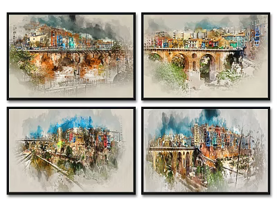 Watercolor Landscape Paintings Four Panel Urban Scenery With Bridge Colorful Buildings And Greenery 3d model