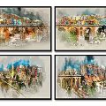 Watercolor Landscape Paintings Four Panel Urban Scenery With Bridge Colorful Buildings And Greenery