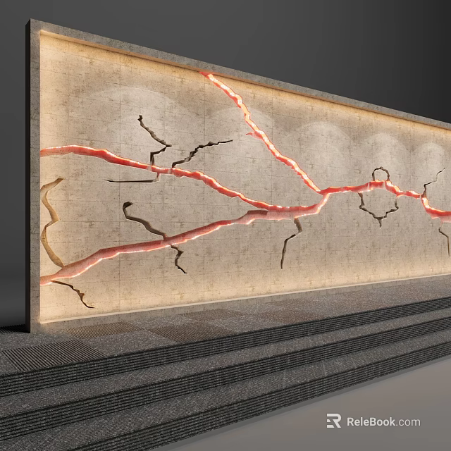 Elegant Modern Bed Background Wall With Cracked Patterns And Glowing Red Lines 3d model 
