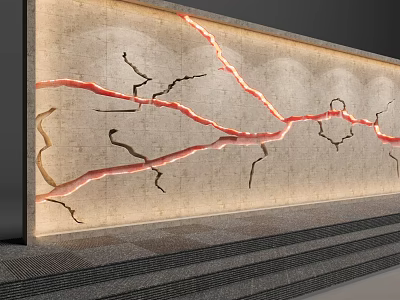 Elegant Modern Bed Background Wall With Cracked Patterns And Glowing Red Lines 3d model