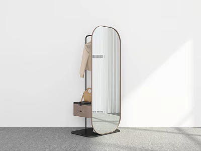 Oval Full Length Mirror with Hanger Coat and Small Box on Gray Floor White Wall 3d model