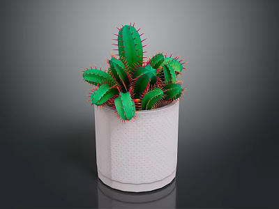 Decorative Green Cactus Plant With Red Thorns In White Textured Pot 3d model
