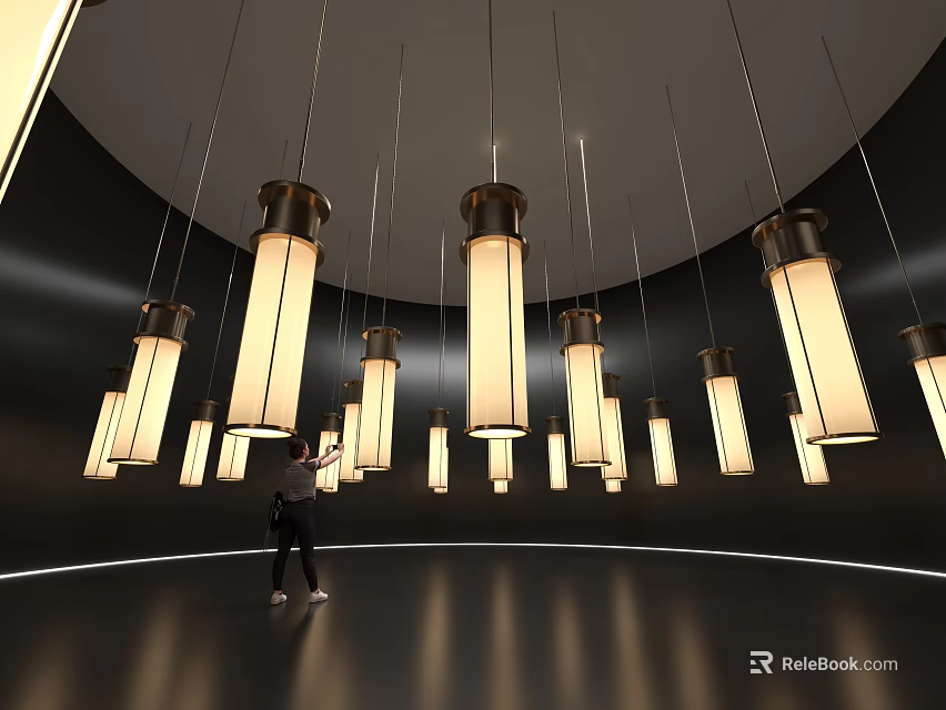 Art Installation Featuring Glowing Long Hanging Lamps And Person In Dark Interior Space 3d model 