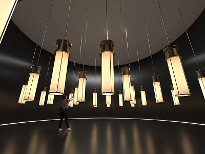 Art Installation Featuring Glowing Long Hanging Lamps And Person In Dark Interior Space 3d model