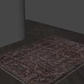 Decorative Square Rug With Intricate Red Brown Patterns On Herringbone Wooden Floor
