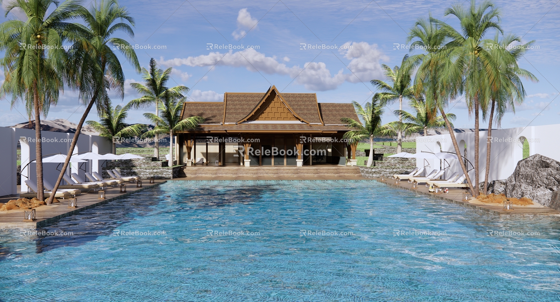 Southeast Asia Hotel Architecture Waterfront Leisure Landscape Hotel Resort Club Outdoor Open Air Swimming Pool Mansion Villa Garden 3d model