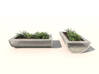 Modern Garden Planters With Metal Mesh Rectangular And Curved Design And Green Plants 3d model