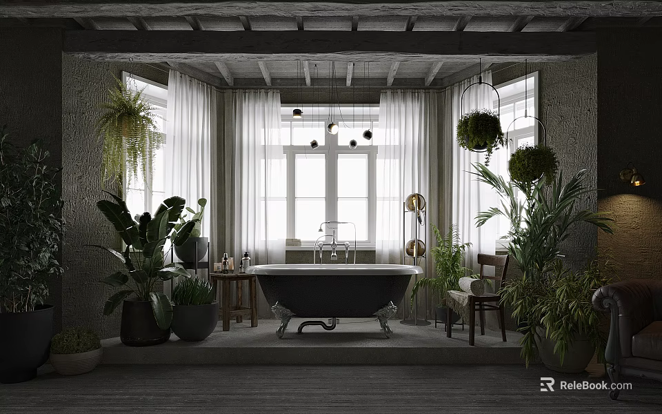 Bathroom With Bathtub Lush Plants Large Windows And Natural Light 3d model 
