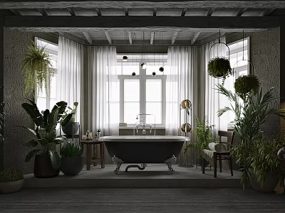 Bathroom With Bathtub Lush Plants Large Windows And Natural Light 3d model