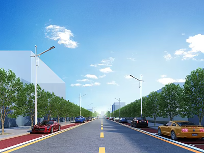 Modern Road Facilities With Street Lamps Trees Parked Cars And Lane Lines Under Blue Sky 3d model