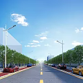 Modern Road Facilities With Street Lamps Trees Parked Cars And Lane Lines Under Blue Sky