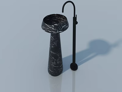 Black Marble Pedestal Sink With Sleek Black Faucet In Light Blue Setting 3d model