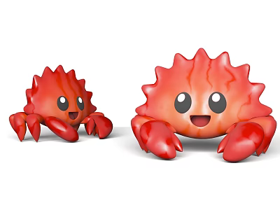 Cute Red Aquatic Animal Crabs With Smiling Faces And Claws In Adorable Cartoon Style 3d model