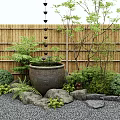 Japanese Garden Scene with Ceramic Pot Lily Pads Purple Flower Bamboo Fence and Stones