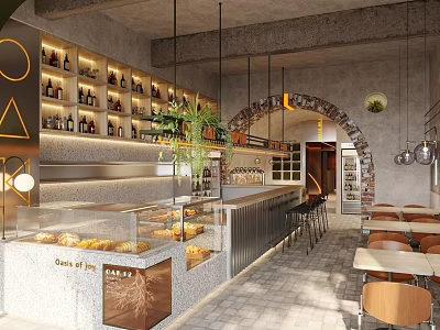 Cafe Interior With Baked Goods Display Case Counter Bar Stools Tables Chairs And Bottles Shelves 3d model