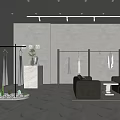 Modern Clothing Store Interior With Gray Walls Marble Flooring Hanging Clothes And Sofa Green Plants