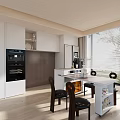 Modern Dining Table Island In Open Kitchen With White Cabinets Black Appliances And Large Windows