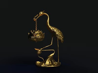 Golden Crane Shaped Ornament Decor Set Featuring Hanging Lotus Container And Chain Base 3d model