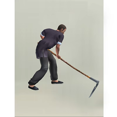 Game Movie Character Wearing Dark Shirt Black Pants Wielding Wooden Handle Pickaxe Action Stance 3d model