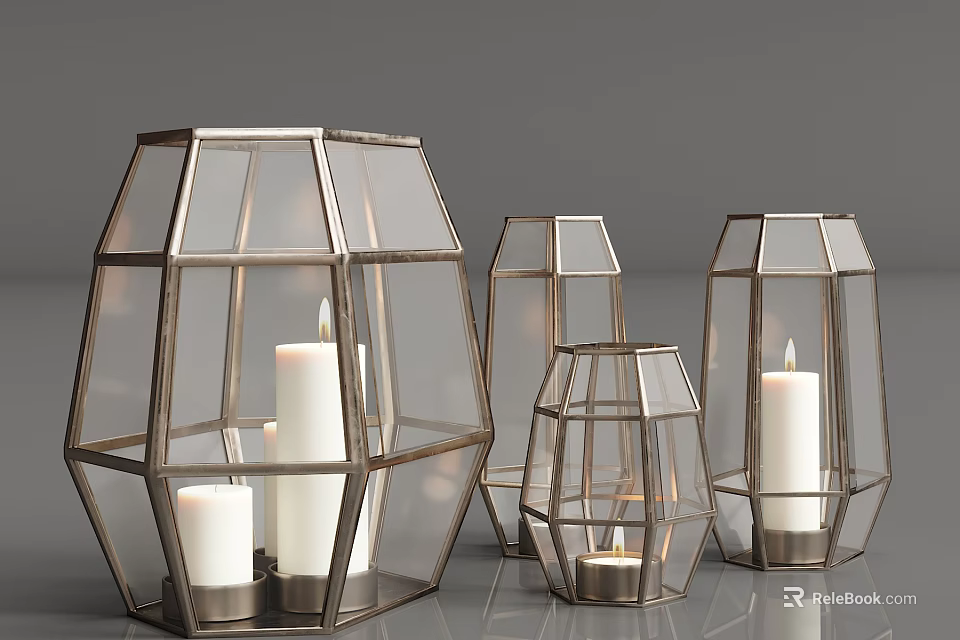 Geometric Glass Candle Lanterns With Metal Frame And Various Sizes For Decor 3d model 