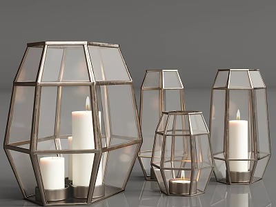 Geometric Glass Candle Lanterns With Metal Frame And Various Sizes For Decor 3d model
