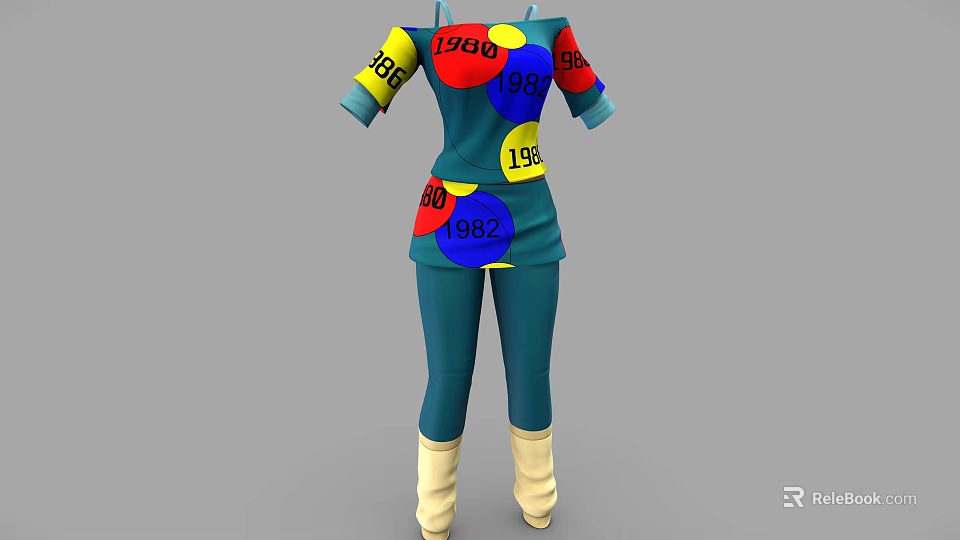 Teal Outfit With Colorful Circular Patterns Numbers 1980 1985 1962 Blue Pants And Beige Boots 3d model 