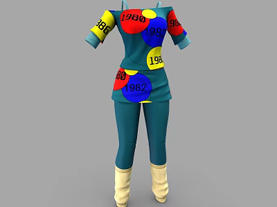 Teal Outfit With Colorful Circular Patterns Numbers 1980 1985 1962 Blue Pants And Beige Boots 3d model