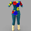 Teal Outfit With Colorful Circular Patterns Numbers 1980 1985 1962 Blue Pants And Beige Boots
