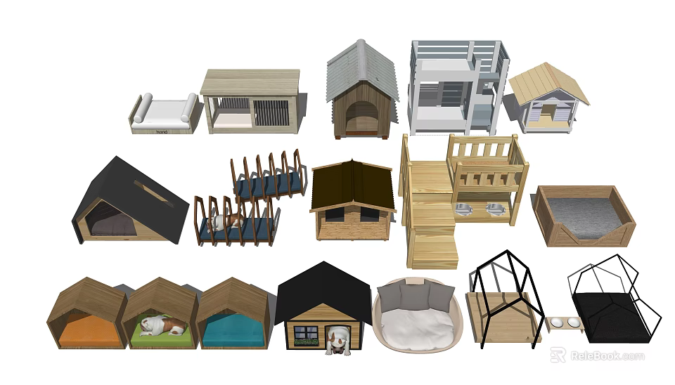 Various Dog House Designs With Wooden Structures Tent Styles And Fences 3d model 
