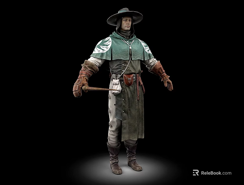 Man Standing Wearing Wide Brimmed Hat Green And Gray Robe With Belt Tools Holding Axe 3d model 