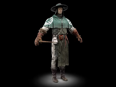 Man Standing Wearing Wide Brimmed Hat Green And Gray Robe With Belt Tools Holding Axe 3d model