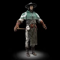 Man Standing Wearing Wide Brimmed Hat Green And Gray Robe With Belt Tools Holding Axe