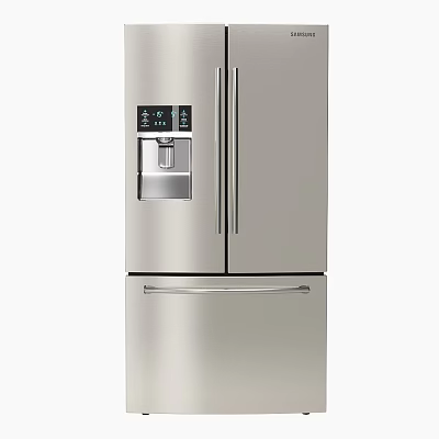 Stainless Steel French Door Refrigerator With Ice Maker And Bottom Freezer Drawer For Modern Kitchens 3d model