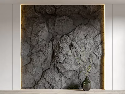 Modern Interior Decorative Cracked Gray Rock Background Wall With Green Vase And Golden Frame 3d model