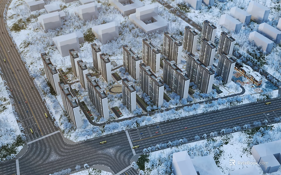 Snowy Winter Residential Area Aerial View With Buildings Roads And White Scenery 3d model 