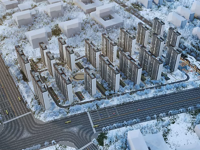 Snowy Winter Residential Area Aerial View With Buildings Roads And White Scenery 3d model