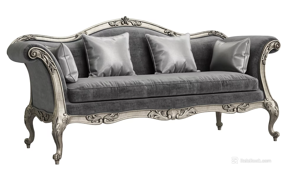 Elegant Ornate Carved Multi Seater Sofa in Grey Fabric with Soft Cushions 3d model 