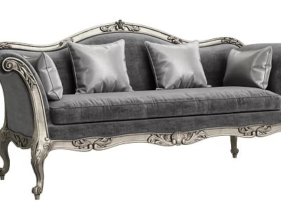 Elegant Ornate Carved Multi Seater Sofa in Grey Fabric with Soft Cushions 3d model