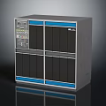 Computer Server Cabinet With Gray Metal Frame Blue Accent Strips Control Panel And Multiple Compartments