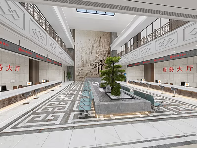 Court Service Hall Interior Design With Marble Counters Green Plant And Geometric Floor Pattern 3d model