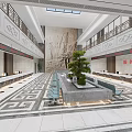 Court Service Hall Interior Design With Marble Counters Green Plant And Geometric Floor Pattern