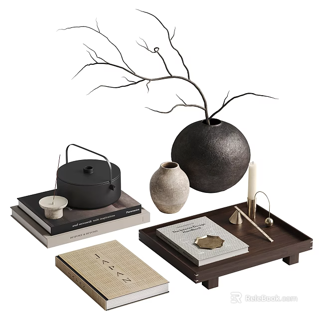 Minimalist Tea Set With Black Teapot Tea Cup Wooden Tray Ceramic Vase And Candle 3d model 