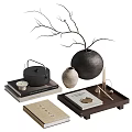 Minimalist Tea Set With Black Teapot Tea Cup Wooden Tray Ceramic Vase And Candle