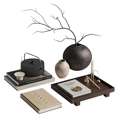 Minimalist Tea Set With Black Teapot Tea Cup Wooden Tray Ceramic Vase And Candle 3d model
