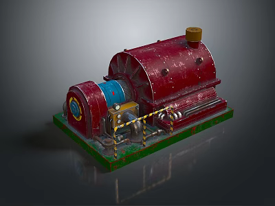 Industrial Mechanical Device With Red Body Blue Component Yellow Top Green Base And Warning Strips 3d model