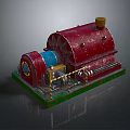 Industrial Mechanical Device With Red Body Blue Component Yellow Top Green Base And Warning Strips